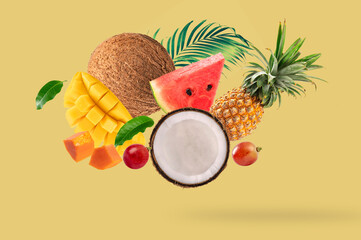 Set of fresh fruits and vegetables on yellow background. - 794545240