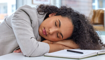 Woman, sleeping and notebook in office with tired, fatigue and burn out in mental health, balance...