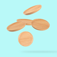 Falling wooden tray on cyan background. - 794545444