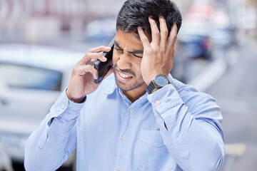 Man, outdoor and headache with phone call as lawyer on conversation with client and stress. Street,...