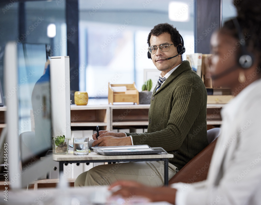 Poster call center, man and smile with portrait in office for customer service, communication or consulting