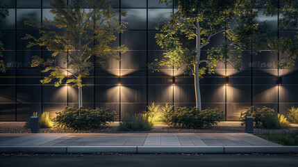 Modern building with wall scones and landscaping at night - Powered by Adobe