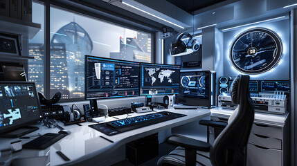 A minimalist workspace with dual monitors and futuristic gadgets, reflecting a modern, technology-driven work environment.