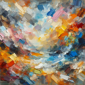 Abstract Vibrant Mesmerizing Multicolored Colors and Shapes Art Oil Painting Texture Knife Brush Paint Expressionism on Big Canvas Space. Immerse Yourself into a Magical Energy Cloud over a Night Cafe