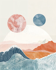 abstract landscape with mountains, ocean and moon under a pastel sky