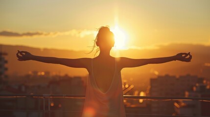 Fototapeta premium Young Latin woman on a rooftop at sunrise, arms outstretched in a yoga pose, embodying peace and morning freshness, styled as a dynamic silhouette against the rising sun.