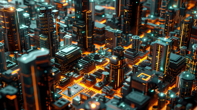 a sprawling futuristic cityscape, built like glowing circuit boards and wires. image for abstract digital background