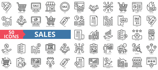 Sales icon collection set. Containing sale, shopping cart, monitor, retail, statistics, deal, marketing icon. Simple line vector.