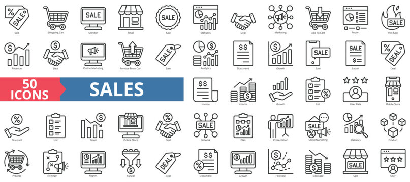 Sales icon collection set. Containing sale, shopping cart, monitor, retail, statistics, deal, marketing icon. Simple line vector.