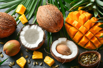 Tropical fruit assortment with coconuts