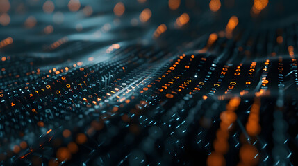 a digital rain of orange binary code cascading down a dark black background, with a sense of movement and flow of information, symbolic of the digital age. image for big data concept background - obrazy, fototapety, plakaty