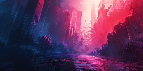 Fantasy city abstract background with dark purple and pink color gradients
