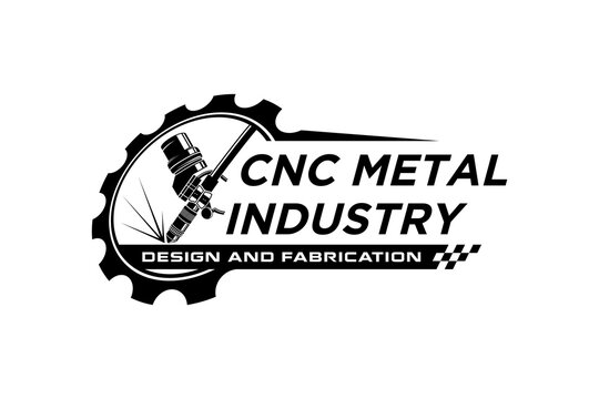 Computer Numerical Control Machine CNC logo design, metal work industry with gear and spark light welding illustration.