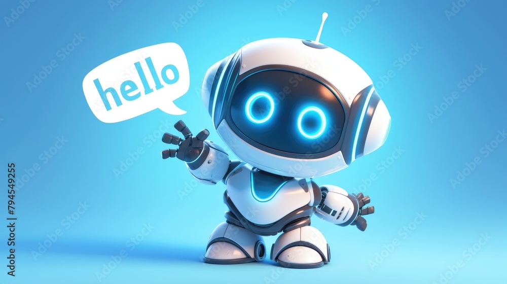 Poster the animated robot boy enthusiastically greets with a cheerful hello in this artwork enclosed within