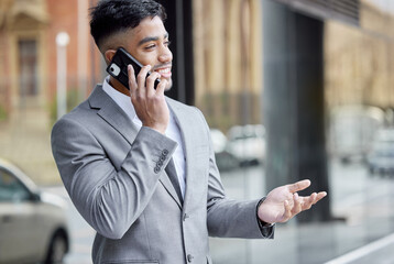 Business man, phone call and travel in city, planning and networking for company deal. Male person, talking and app for conversation in urban town, legal website and lawyer for contact or commute