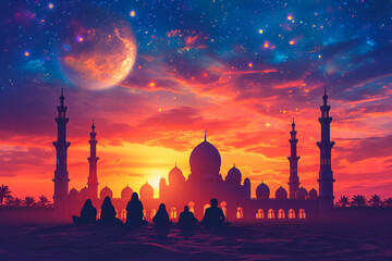 Silhouette muslim people praying at sunset,That has faith in allah God of islam supremely. - obrazy, fototapety, plakaty
