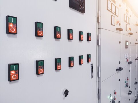 Electrical switch gear at Low Voltage power control center cabinet in industrial power plant.