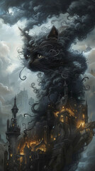 Mysterious black cat above gothic castle, surreal stormy atmosphere, art in surrealism.