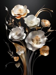 Stylized bouquet of lisianthus flowers in white, silver, orange and gold, on a black background