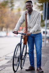 Happy, black businessman and bike for travel to work outdoor in the city with leather bag. Male person and employee with bicycle for sustainable transportation or eco friendly commute to office