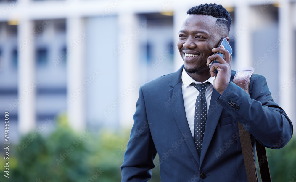 Poster businessman, call and phone to travel or outdoor as for conversation, schedule and networking as man