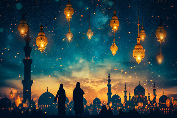 Ramadan Kareem background with prayer and Mosque dome with twilight dusk sky,Silhouette Muslim man making a supplication(salah),Vector symbolic for Islamic religion,Eid al-Adha,Eid Mubarak,Eid al fitr - obrazy, fototapety, plakaty