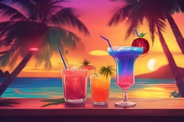 Refreshing cocktails, ice-cold, served in a tropical bar oasis. Vibrant atmosphere, palm trees swaying, a slice of paradise in every sip. menu design, bar decoration - obrazy, fototapety, plakaty