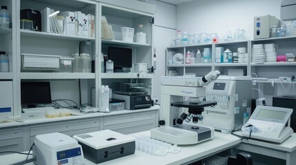 Medical equipment in modern laboratory prepared for coronavirus diagnosis.