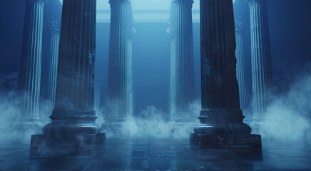 Illustration of large Greek temple style columns in blue tones with a soft mist between the pillars. Large monumental columns in empty space.