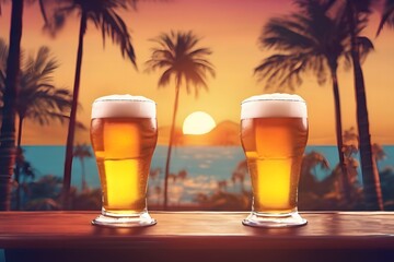 Two frosty beers chilling on a rustic bar table against a tropical backdrop, palm trees swaying in the breeze. suitable for menu or bar decoration - obrazy, fototapety, plakaty