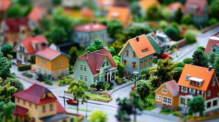 Fototapeta na wymiar Miniature model city with colorful houses, trees, and roads. Realistic style with a tilt-shift effect. Mixed urban and suburban landscape concept.