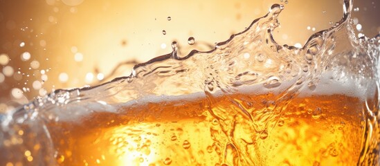 Closeup macro photography of amber liquid beer with foamy head - obrazy, fototapety, plakaty