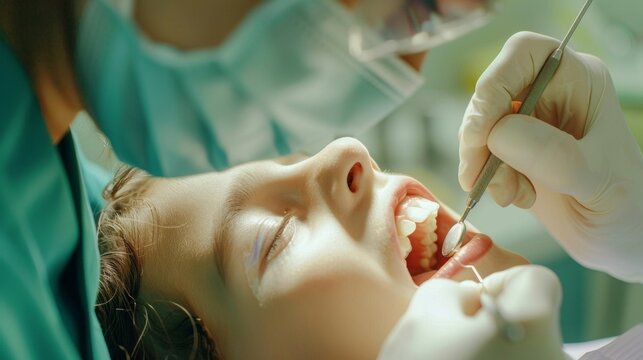 With a steady hand and a peaceful expression a dentist precisely places a filling in a patients tooth unfazed by the busy office and highpressure situation. .