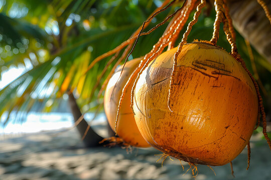 Tropical coconuts hanging on palm