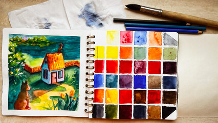 Sketchbook page with watercolor illustration and swatch of aquarelle paints on paper. Painters tools. SKetching at home. Artistic hobby. Film grain texture. Soft focus. Blur