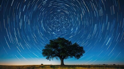 Night sky over lone tree with circular star trails, centered and symmetrical composition