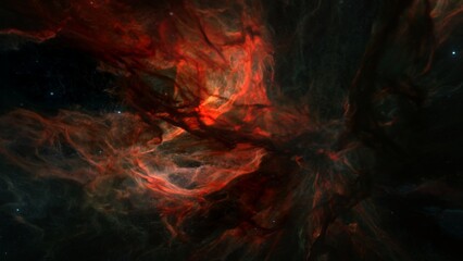 Red Hydrogen Nebula with hot glowing proto stars in deep space star field. 3D illustration wide shot of the birth of stars and the theory of Big Bang. Hot plasma ignites solar fusion.