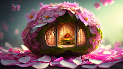 A fairy bungalow nestled within the petals of a giant blossom. Generative Ai