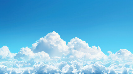 White clouds at the bottom of the picture on pure bluesky with empty copy space for text. The sky is blue and filled with clouds. The clouds are white and fluffy, and they cover the entire sky.  - obrazy, fototapety, plakaty