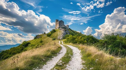 Panoramic view of a path leading to an old hilltop castle tower under a blue sky with white puffy clouds