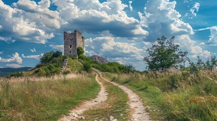 Panoramic view of a path leading to an old hilltop castle tower under a blue sky with white puffy clouds - obrazy, fototapety, plakaty