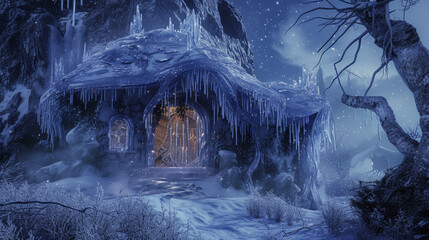 Fototapeta na wymiar A fairy dwelling sculpted from glistening ice. Generative Ai