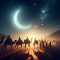 Wild Camels in the desert at night