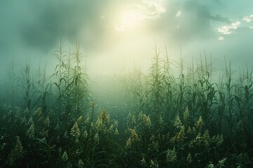 Obraz na płótnie Canvas Sunlight filters through clouds onto a grassy field under a clear sky