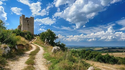 Fototapeta na wymiar Panoramic view of a path leading to an old hilltop castle tower under a blue sky with white puffy clouds