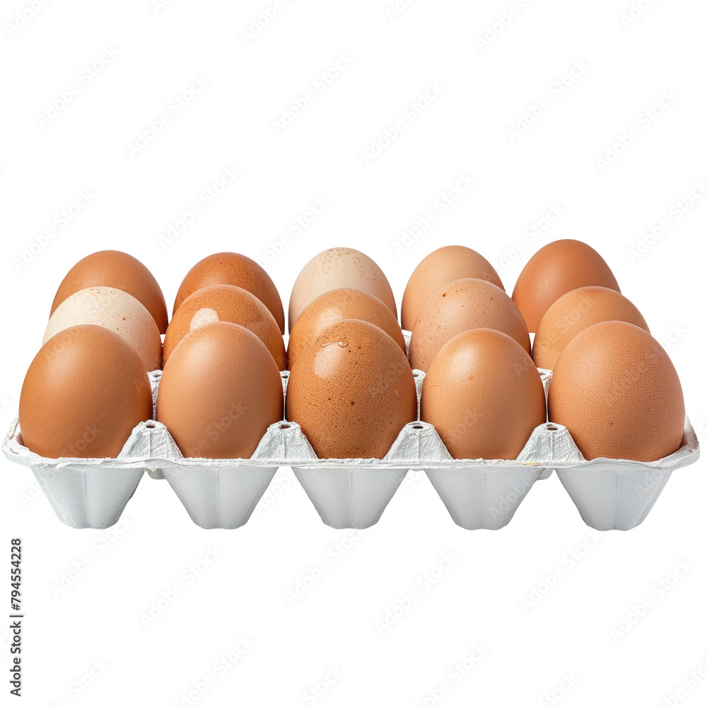 Poster a close up shot of large chicken eggs neatly arranged in a white plastic tray set against a transpar