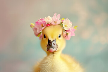 Adorable duckling wearing spring flower crown on pastel background