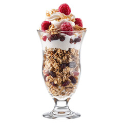 A delicious muesli dessert served in a glass topped with yogurt candied or dried fruits and a sprinkle of juicy raspberries all set against a transparent background Perfect for a scrumptious brea
