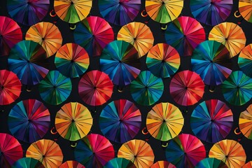 Fototapeta na wymiar Symmetry of colorful umbrellas on black background creates a vibrant pattern
