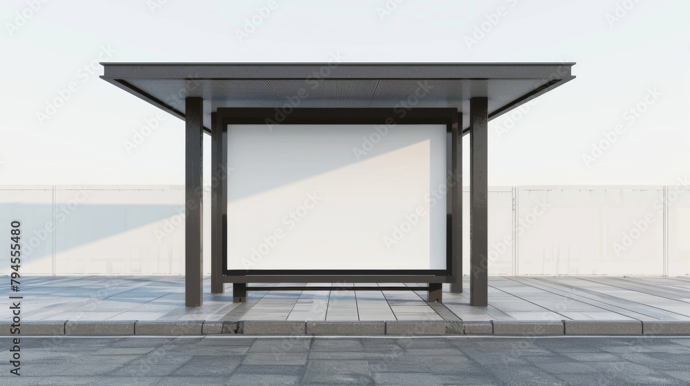 Poster blank mockup of a minimalistic bus stop shelter with a sleek design and monochromatic color scheme. 